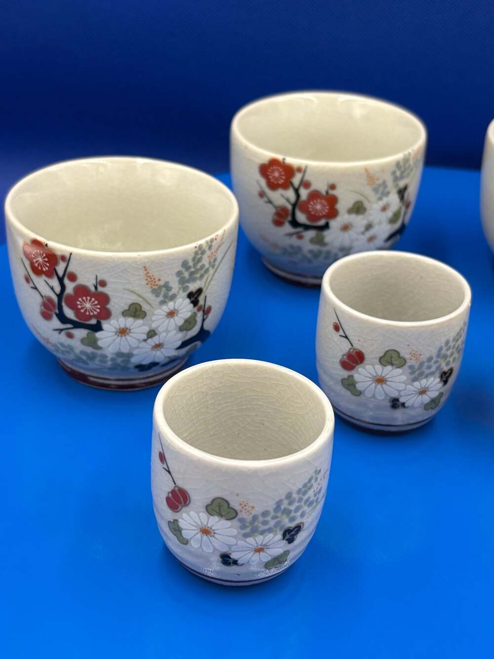 Vintage Set of Four Tea cups and Four Sake Cups Cherry Blossom and Daisy